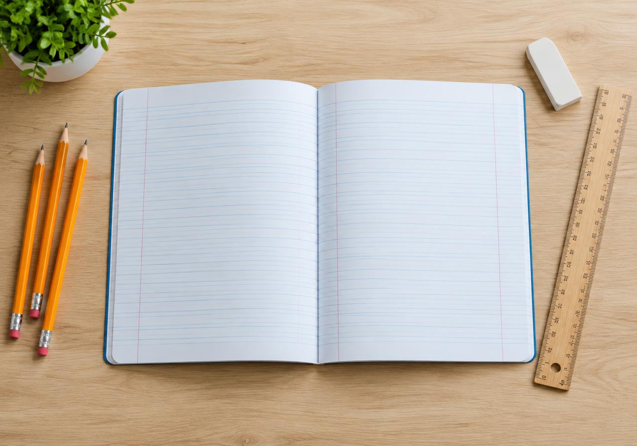 Caderno aberto com lápis e régua